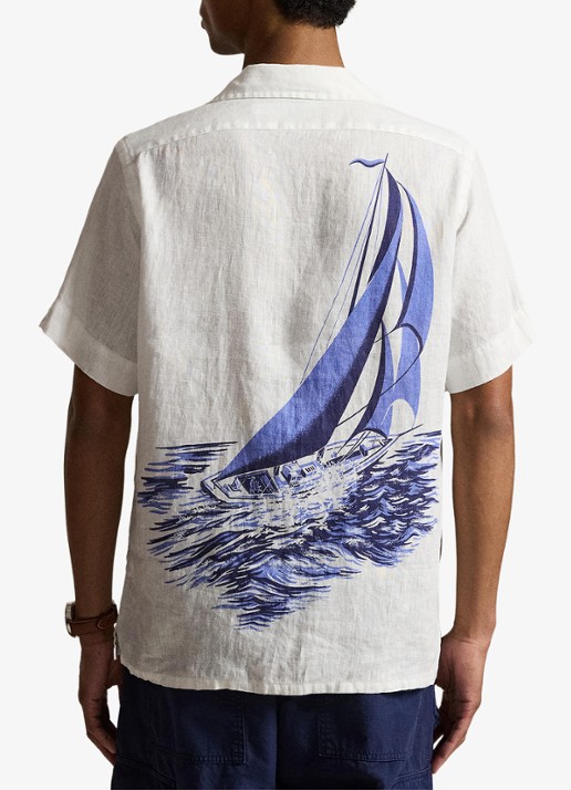Ralph Lauren Classic fit overhemd van linnen met print - achterkant vintage nautical sail / gebroken wit
