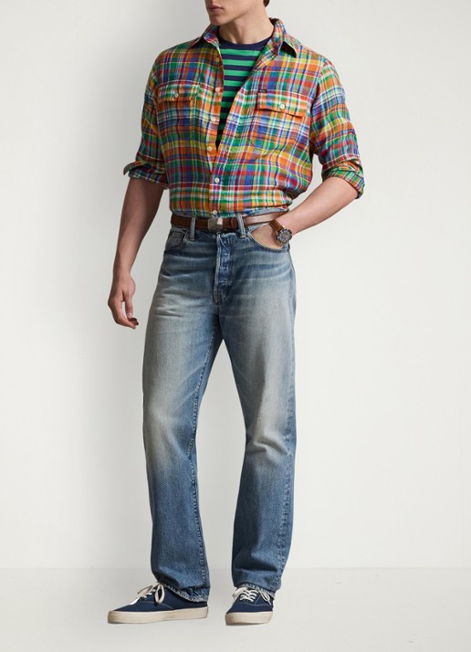 Ralph Lauren Classic fit overhemd van linnen met ruitdessin - voorkant 2 orange royal multi / oranje