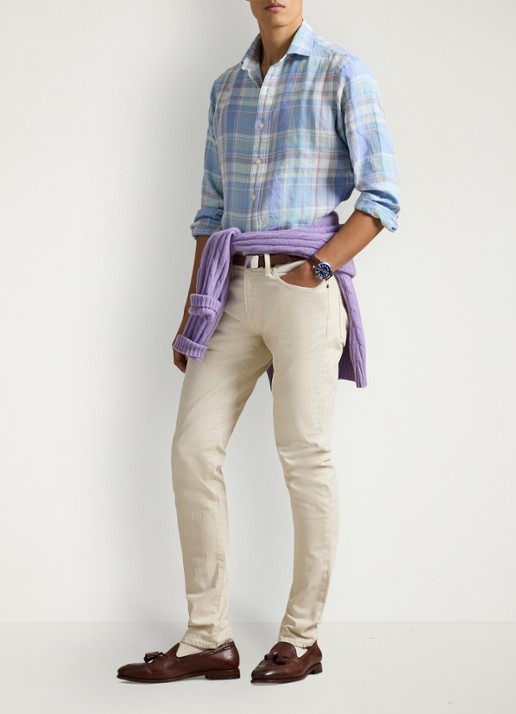 Ralph Lauren Classic fit overhemd van linnen met ruitdessin - voorkant 2 7105a blue orange multi-zyhr