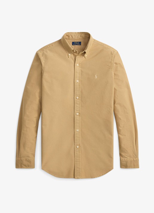 Ralph Lauren Custom fit garment-dyed Oxford overhemd - voorkant cafe tan