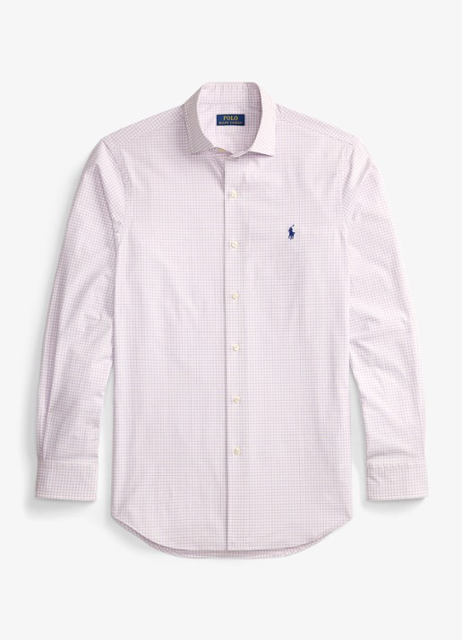 Ralph Lauren Custom fit geruit stretchpoplin overhemd - voorkant white light lilac / lichtroze-486o
