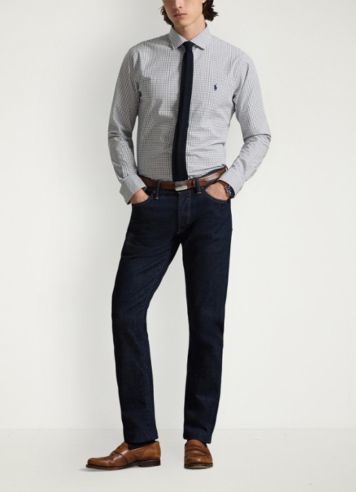Ralph Lauren Custom fit geruit stretchpoplin overhemd - voorkant 4 white new classic navy