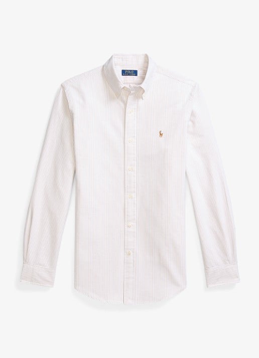 Ralph Lauren Custom fit gestreept Oxford overhemd - voorkant 4 coastal beige / beige