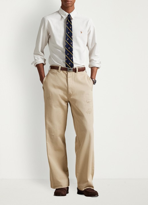 Ralph Lauren Custom fit gestreept Oxford overhemd - voorkant 5 coastal beige / beige