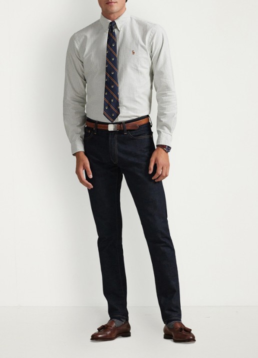 Ralph Lauren Custom fit gestreept Oxford overhemd - voorkant 2 shamrock white / wit