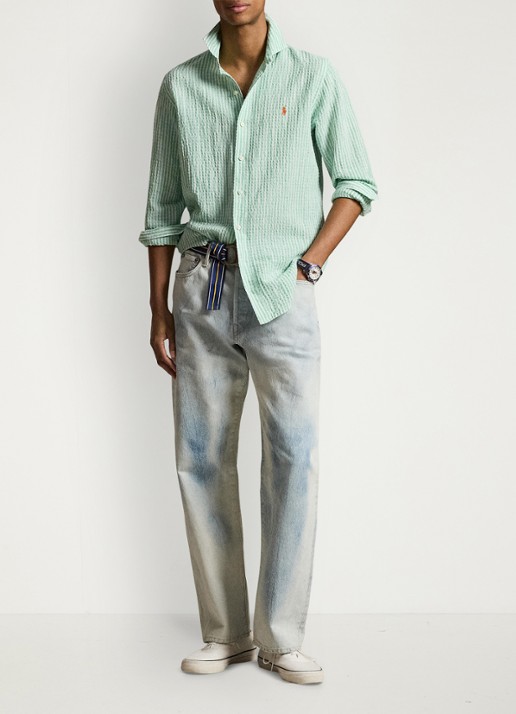 Ralph Lauren Custom fit overhemd in linnenblend met streepprint - detail 4 green white / groen