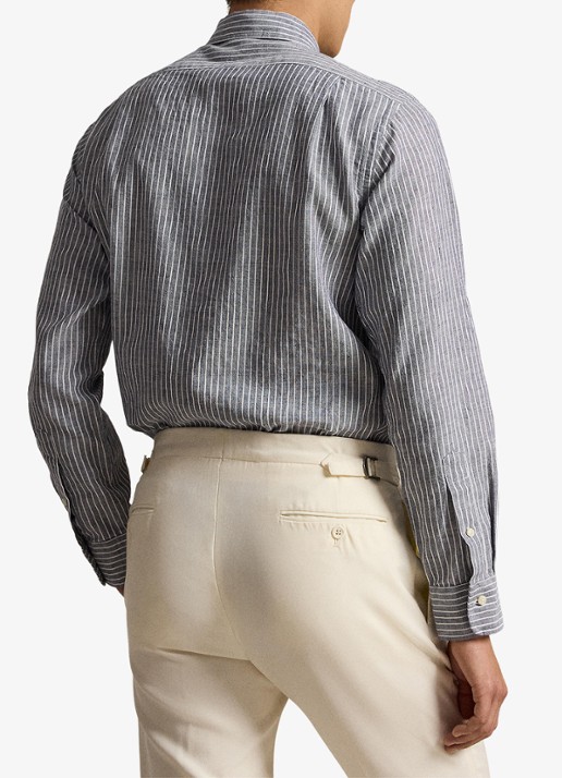 Ralph Lauren Custom fit overhemd in linnenblend met streepprint - achterkant 3 newport navy white / blauw