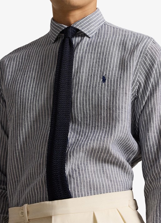 Ralph Lauren Custom fit overhemd in linnenblend met streepprint - detail 2 newport navy white / blauw