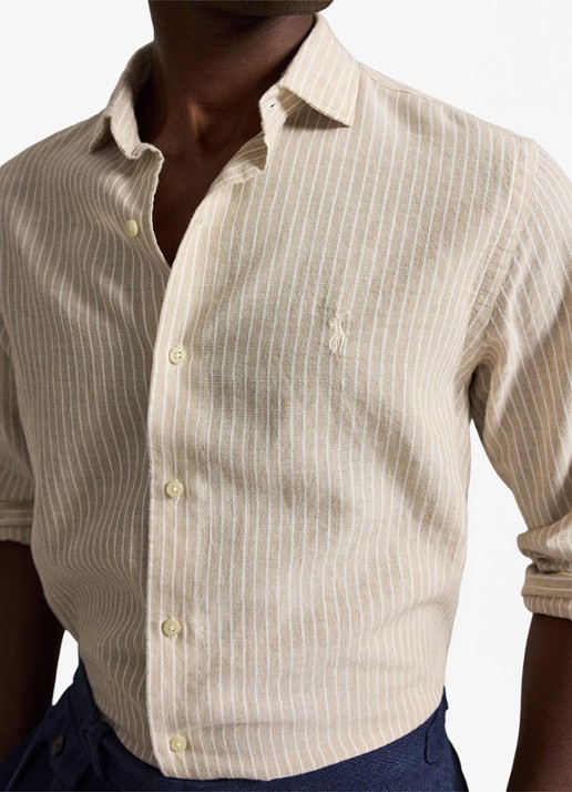 Ralph Lauren Custom fit overhemd in linnenblend met streepprint - detail 3 coastal beige white / beige