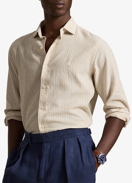 Ralph Lauren Custom fit overhemd in linnenblend met streepprint - voorkant 5 coastal beige white / beige