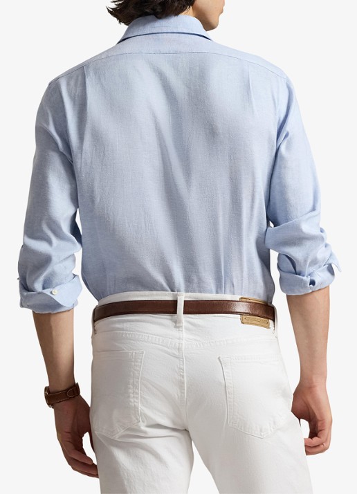 Ralph Lauren Custom fit overhemd in linnenblend - achterkant 3 7189 blue white / blauw
