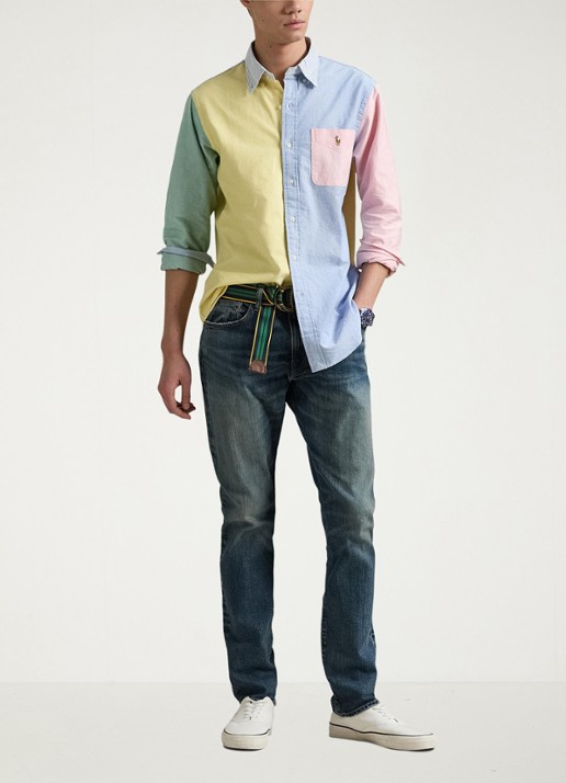 Ralph Lauren Custom fit overhemd met colour blocking en logoborduring - voorkant 3 funshirt / geel