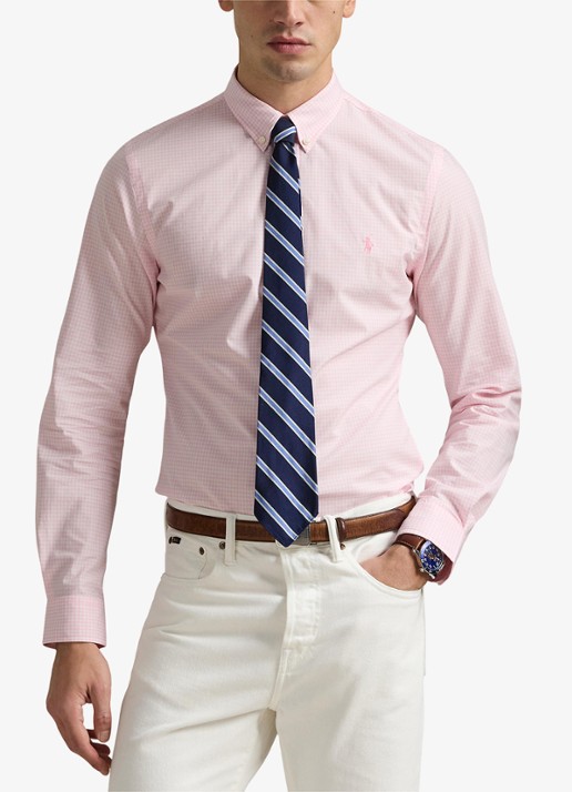 Ralph Lauren Custom fit overhemd met ruitdessin en logoborduring - detail 3 carmel pink/white / bruin