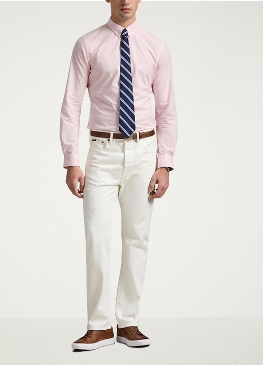 Ralph Lauren Custom fit overhemd met ruitdessin en logoborduring - voorkant 2 carmel pink/white / bruin