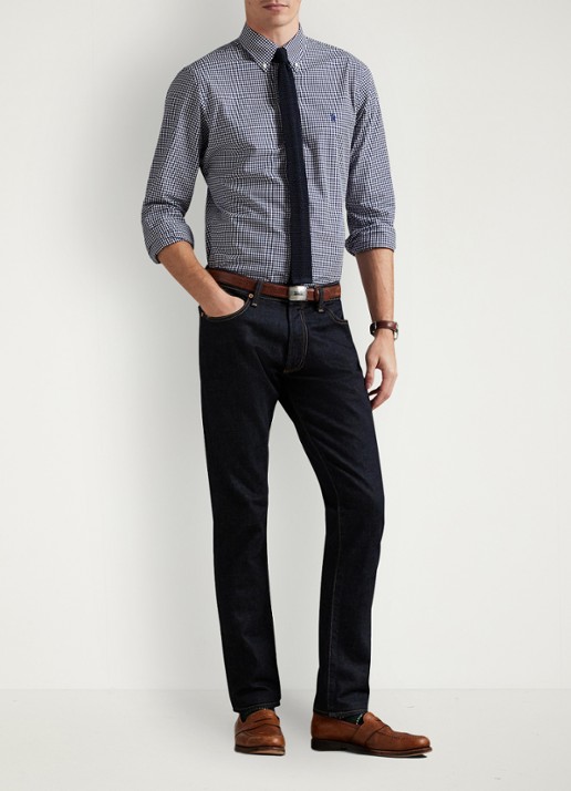 Ralph Lauren Custom fit overhemd met ruitdessin en logoborduring - voorkant 3 newport navy white / donkerblauw