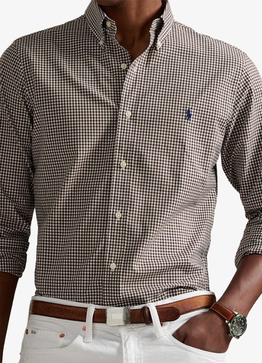 Ralph Lauren Custom fit overhemd met ruitdessin en logoborduring - detail 3 cooper brown white / bruin