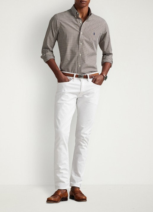 Ralph Lauren Custom fit overhemd met ruitdessin en logoborduring - voorkant 5 cooper brown white / bruin