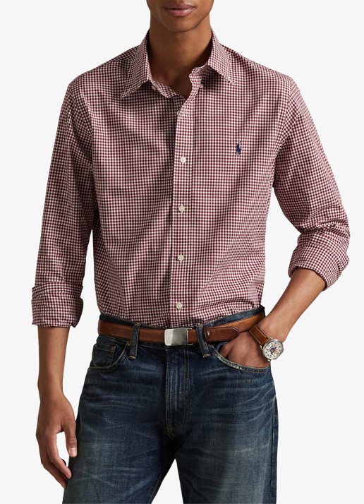 Ralph Lauren Custom fit overhemd met ruitdessin en logoborduring - detail classic wine white / wijnrood