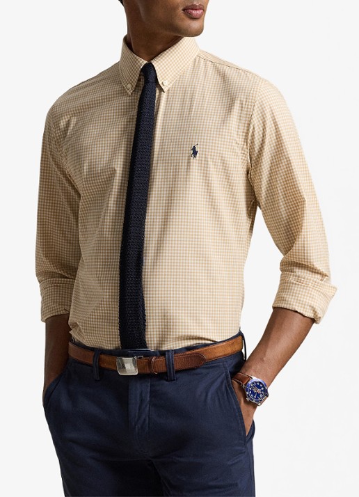 Ralph Lauren Custom fit overhemd met ruitdessin en logoborduring - voorkant 2 classic camel white / camel