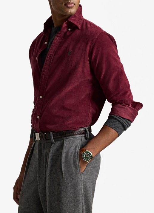 Ralph Lauren Custom fit overhemd van corduroy - voorkant 2 classic wine w/pine pp / wijnrood