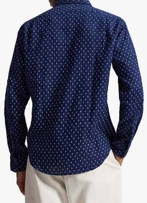 Ralph Lauren Custom fit overhemd van linnen met geometrische print - achterkant newport geo / donkerblauw