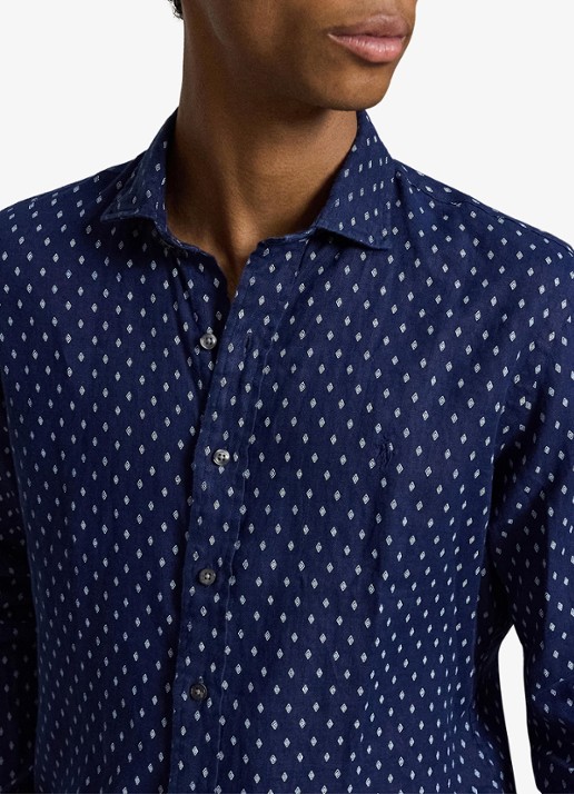 Ralph Lauren Custom fit overhemd van linnen met geometrische print - detail 3 newport geo / donkerblauw