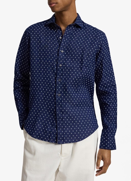 Ralph Lauren Custom fit overhemd van linnen met geometrische print - voorkant 5 newport geo / donkerblauw