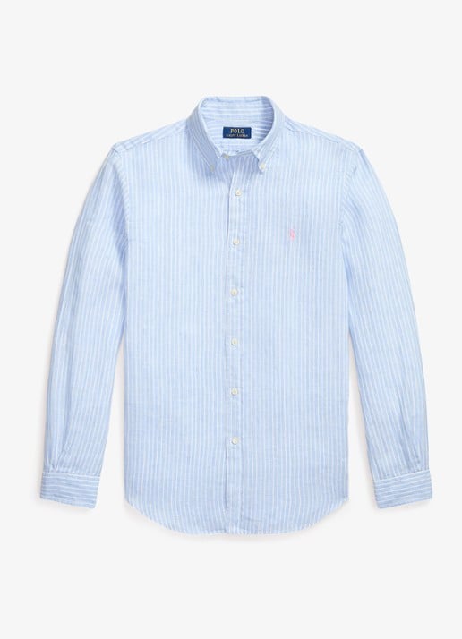 Ralph Lauren Custom fit overhemd van linnen met streepprint - voorkant 7188b blue white-zyk7