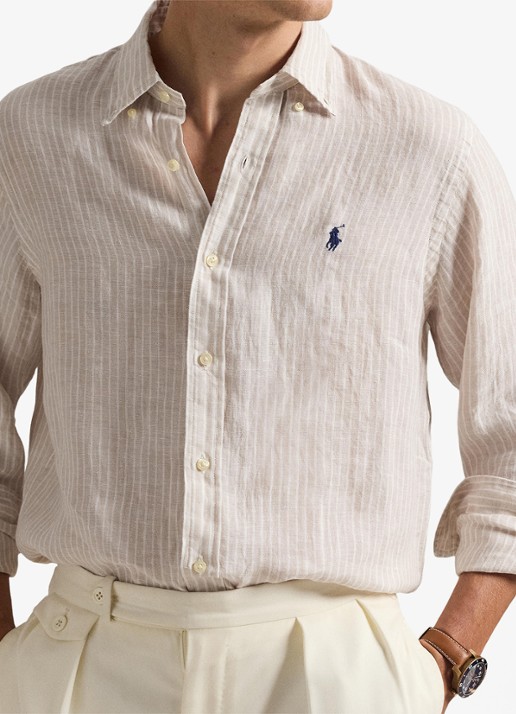 Ralph Lauren Custom fit overhemd van linnen met streepprint - detail 5 7188e coastal beige white-zyka