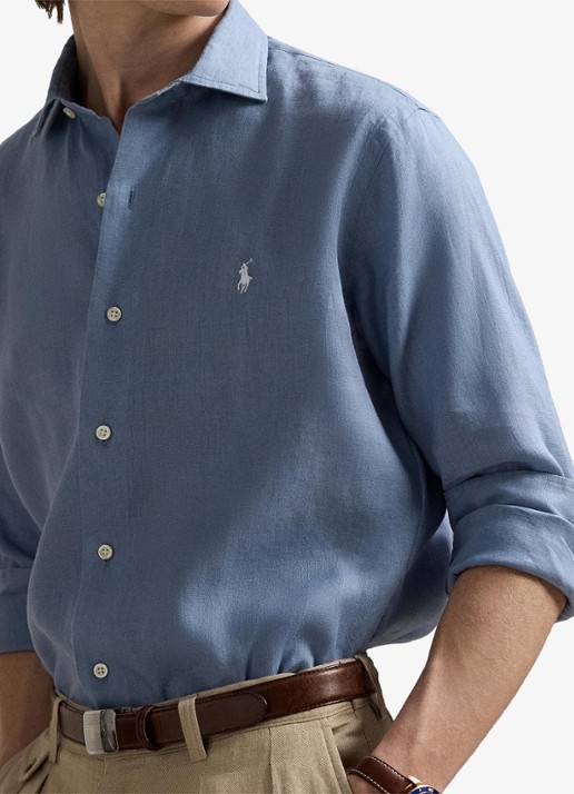 Ralph Lauren Custom Fit overhemd van linnen - detail 2 channel blue / blauw