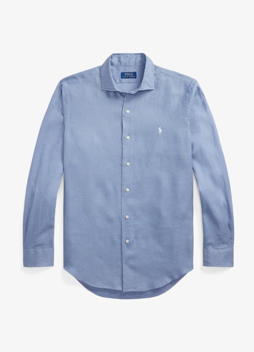 Ralph Lauren Custom Fit overhemd van linnen - voorkant 3 channel blue / blauw