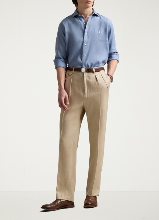 Ralph Lauren Custom Fit overhemd van linnen - voorkant 4 channel blue / blauw