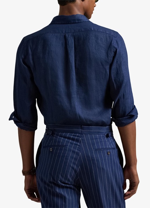 Ralph Lauren Custom Fit overhemd van linnen - achterkant newport navy / white / donkerblauw