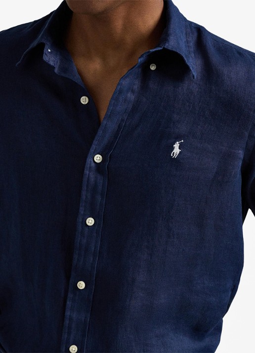 Ralph Lauren Custom Fit overhemd van linnen - detail 5 newport navy / white / donkerblauw