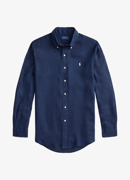 Ralph Lauren Custom Fit overhemd van linnen - voorkant 2 newport navy / white / donkerblauw