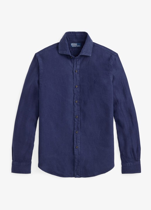 Ralph Lauren Custom fit overhemd van linnen - voorkant newport navy / donkerblauw
