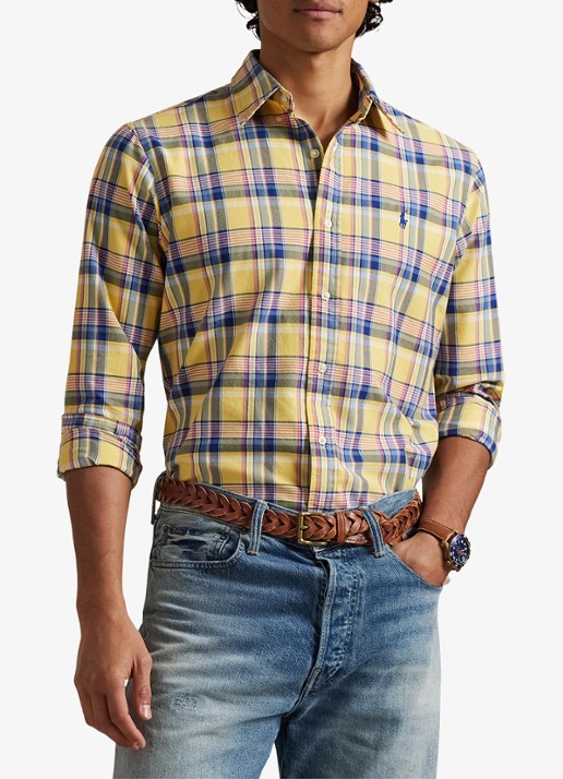 Ralph Lauren Custom fit tattersall Oxford overhemd  - detail 4 geel