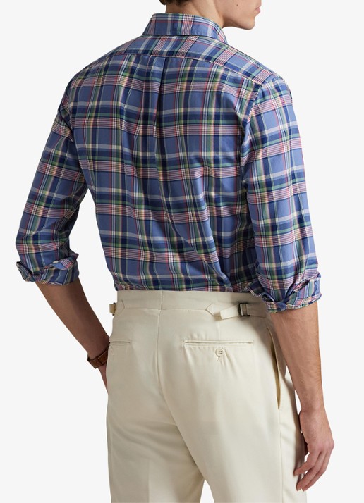 Ralph Lauren Custom fit tattersall Oxford overhemd  - achterkant 5 blauw