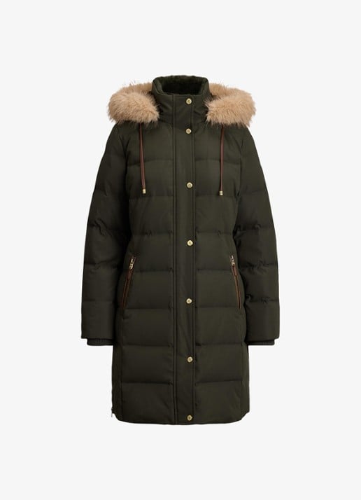 Ralph Lauren Donsjas met capuchon en imitatiebont - voorkant 2 donkergroen