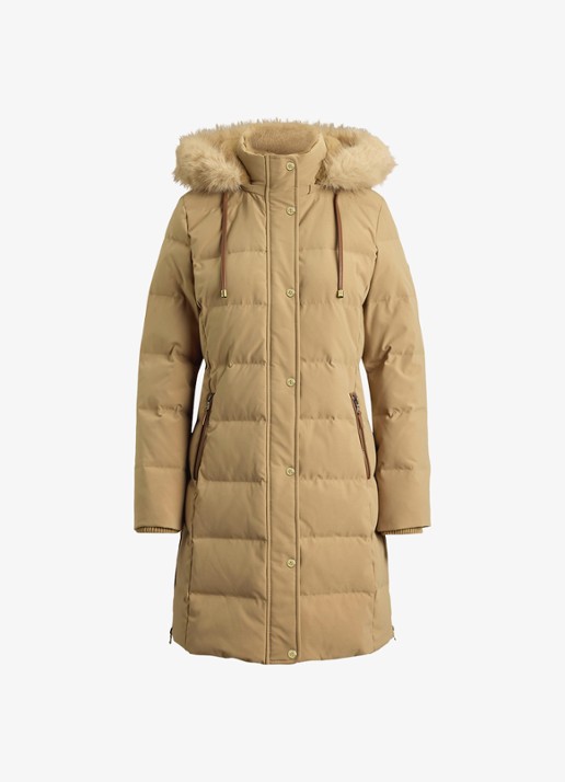 Ralph Lauren Donsjas met capuchon en imitatiebont - voorkant camel