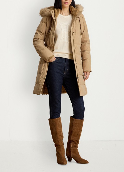 Ralph Lauren Donsjas met capuchon en imitatiebont - voorkant 2 camel