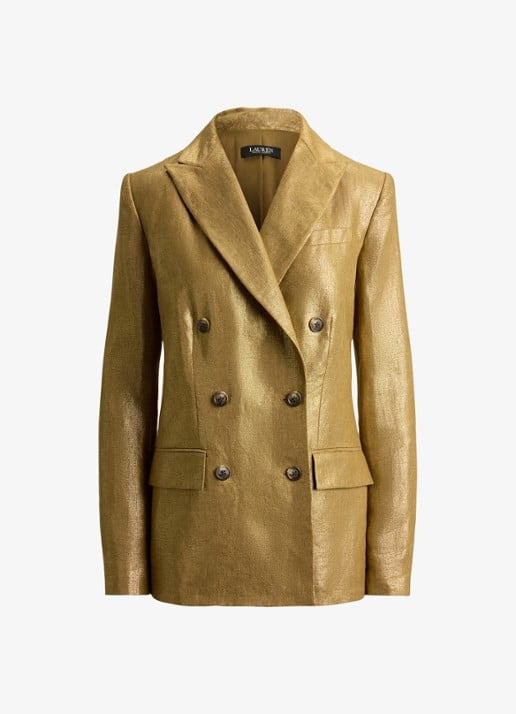 Ralph Lauren Double-breasted blazer in linnenblend met metallic finish - voorkant 4 brown/gold foil / bruin