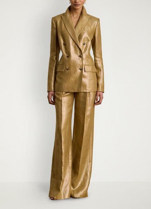 Ralph Lauren Double-breasted blazer in linnenblend met metallic finish - voorkant 5 brown/gold foil / bruin