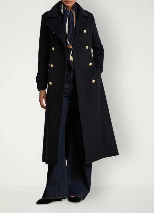 Ralph Lauren Double-breasted mantel in kasjmierblend met strikceintuur - voorkant 3 regal navy / blauw