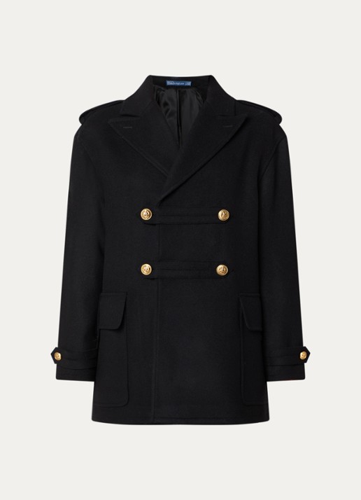 Ralph Lauren Double-breasted mantel van wol met klepzakken - voorkant zwart