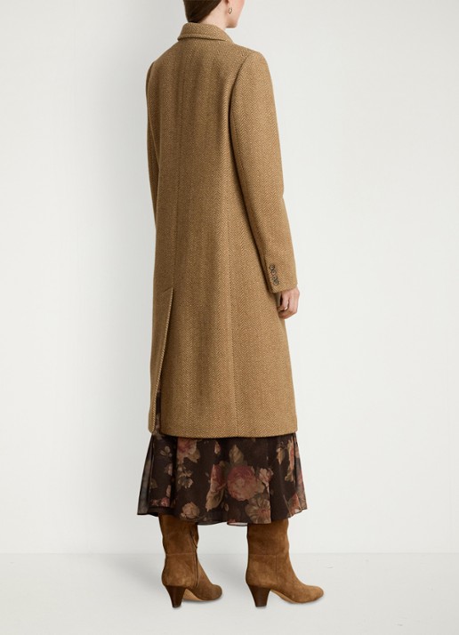 Ralph Lauren Double-breasted trenchcoat in wolblend met visgraat dessin - achterkant 3 brown/tan multi / bruin
