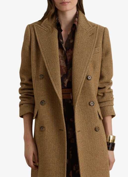 Ralph Lauren Double-breasted trenchcoat in wolblend met visgraat dessin - detail brown/tan multi / bruin