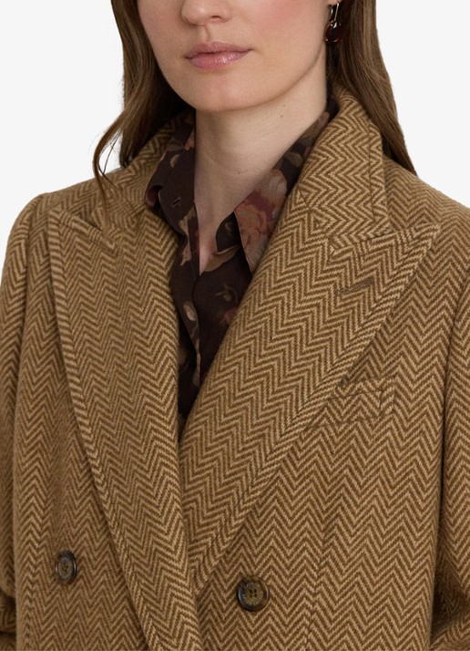 Ralph Lauren Double-breasted trenchcoat in wolblend met visgraat dessin - detail 2 brown/tan multi / bruin