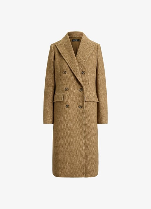 Ralph Lauren Double-breasted trenchcoat in wolblend met visgraat dessin - voorkant 4 brown/tan multi / bruin