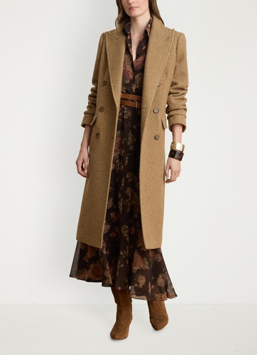 Ralph Lauren Double-breasted trenchcoat in wolblend met visgraat dessin - voorkant 5 brown/tan multi / bruin